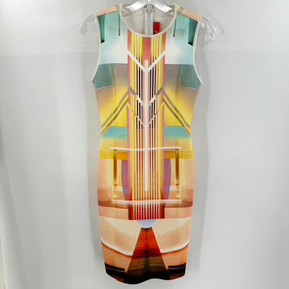 Clover Canyon Multicolor Mixed Form Fitted Dress Sz S Geometric Scuba Flattering - Picture 1 of 6